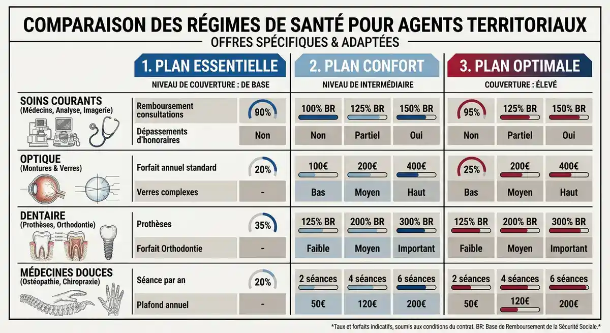 Tableau comparatif des formules santé MNT : Essentielle, Confort et Optimale
