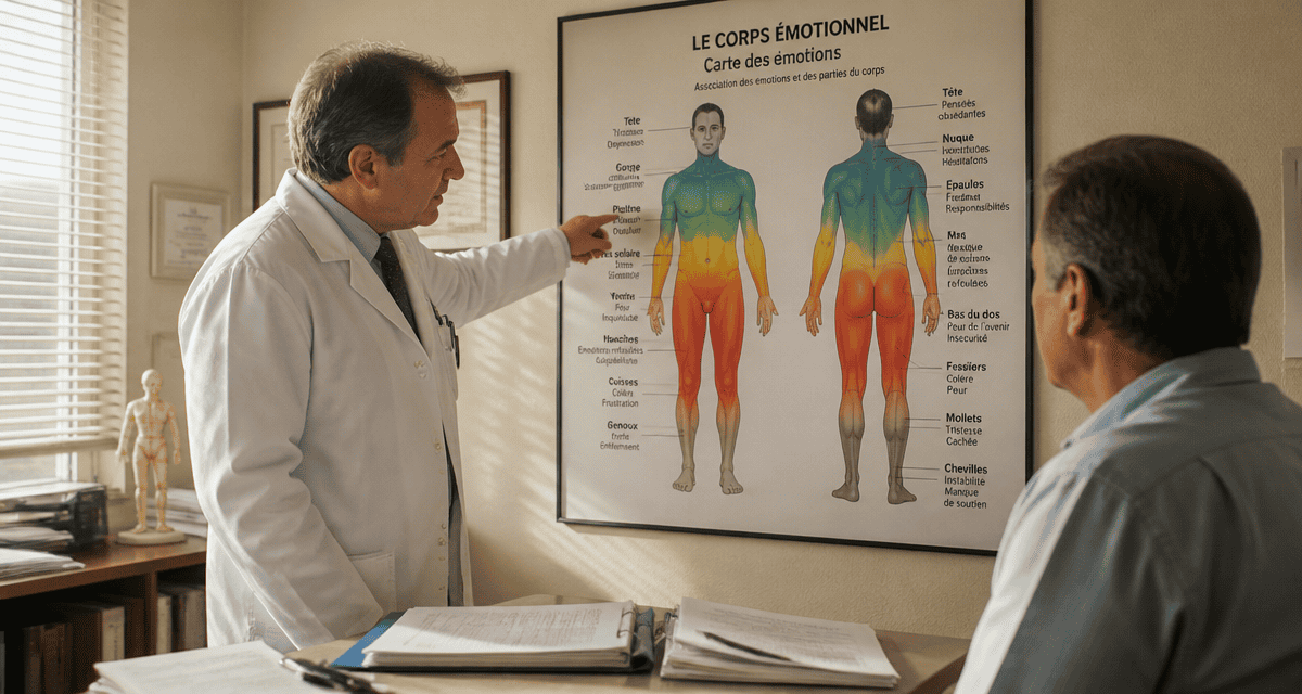 Carte émotionnelle des maux du corps affichée en consultation
