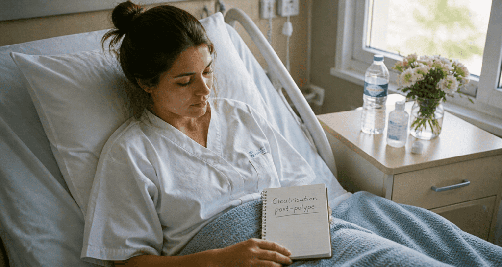 cicatrisation après ablation polype utérin femme lit hôpital