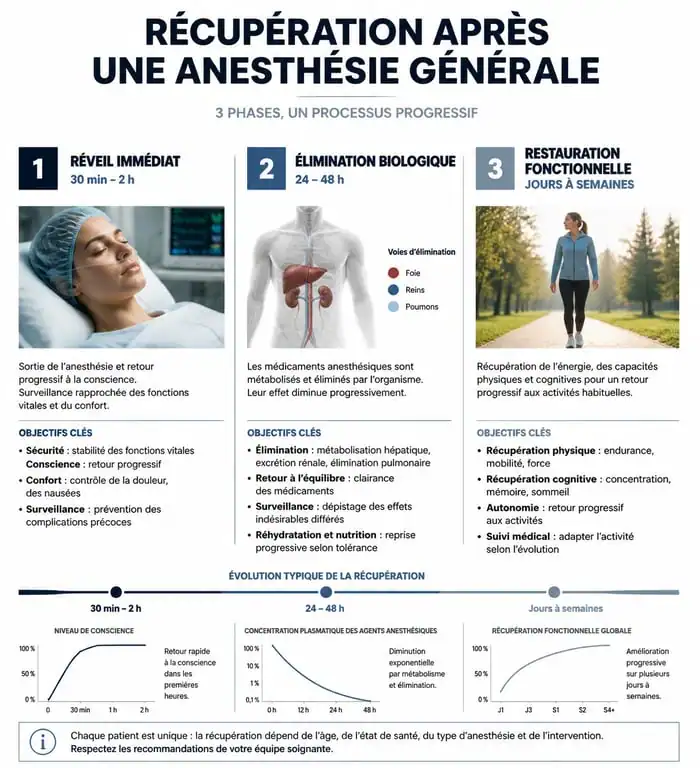 Infographie des étapes de récupération après une anesthésie générale : du réveil immédiat à la restauration fonctionnelle complète.