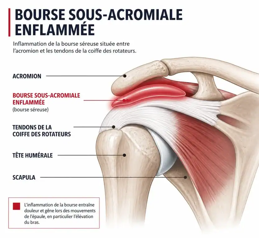 Schéma anatomique de la bursite de l'épaule expliquant l'inflammation sous-acromiale.