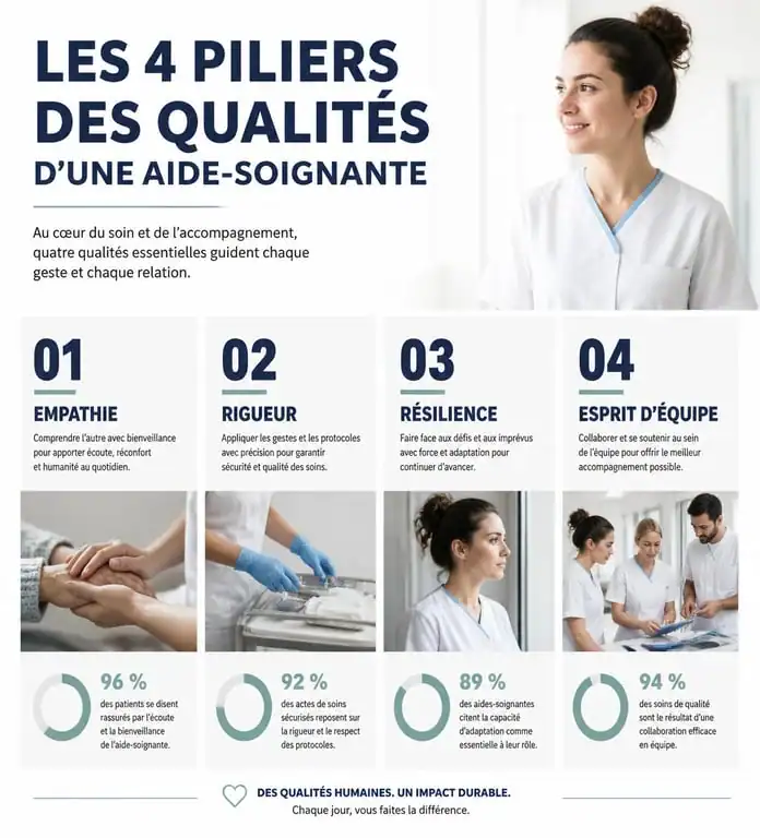 Infographie des qualités d'une aide-soignante : empathie, rigueur, résilience et esprit d'équipe