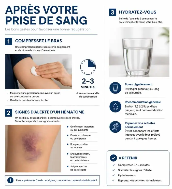 Infographie sur les conseils et les conséquences d'une prise de sang mal faite