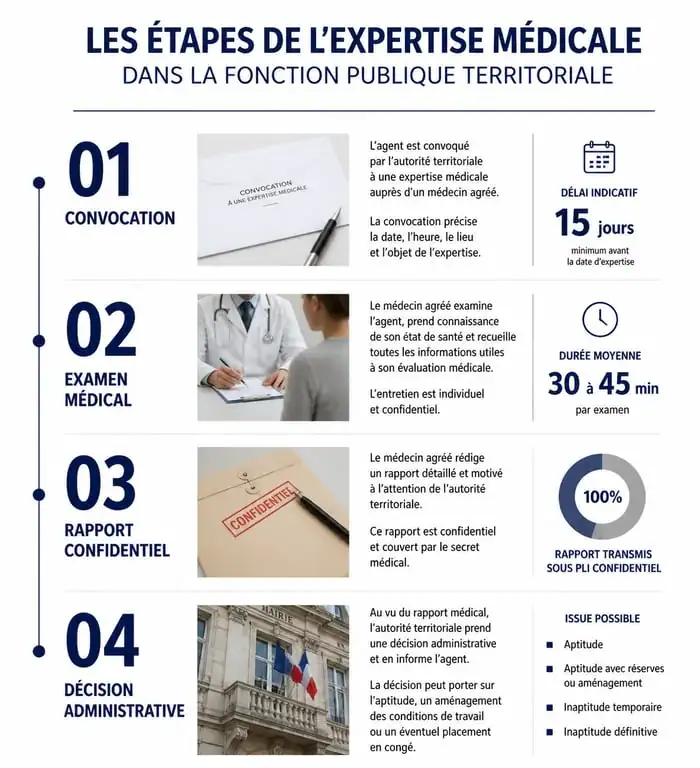 Infographie des étapes de l'expertise médicale demandée par l'employeur dans la fonction publique territoriale
