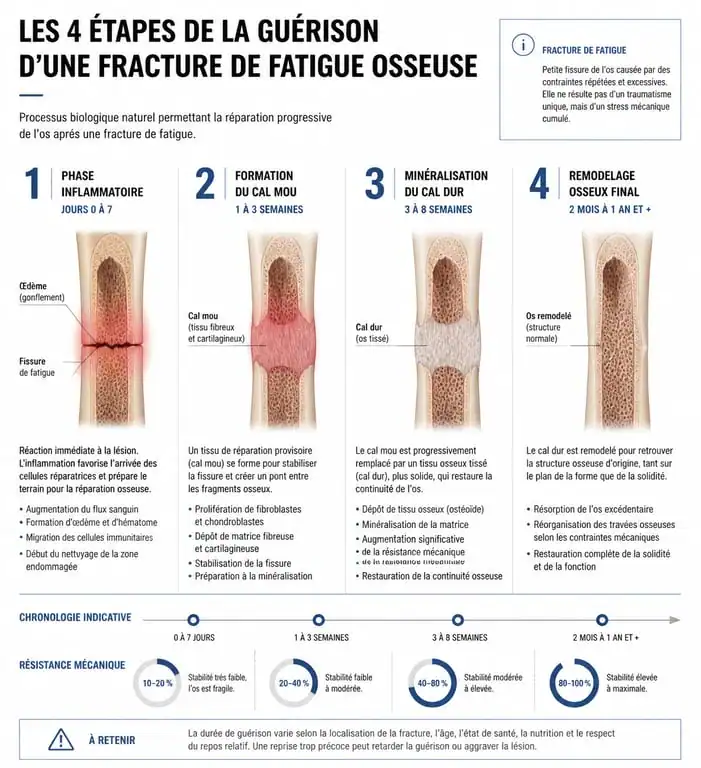 Infographie des étapes de guérison d'une fracture de fatigue osseuse