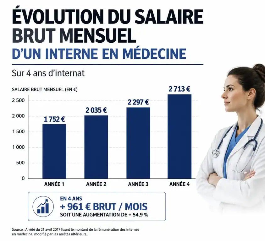 Évolution du salaire brut mensuel d'un interne en médecine selon l'ancienneté