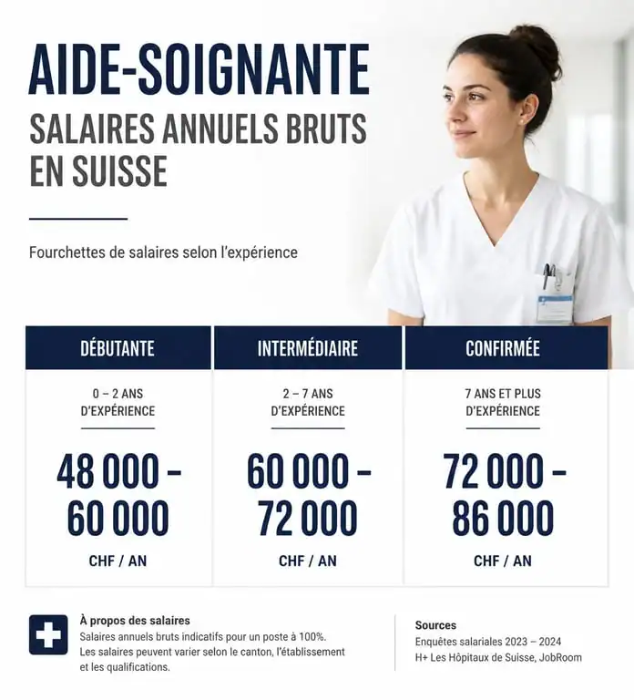 Infographie des salaires annuels bruts des aides-soignantes en Suisse selon l'expérience