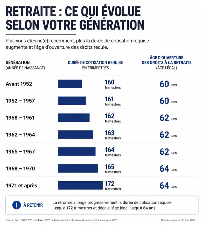 Tableau comparatif des trimestres requis pour la retraite des aides-soignantes par génération