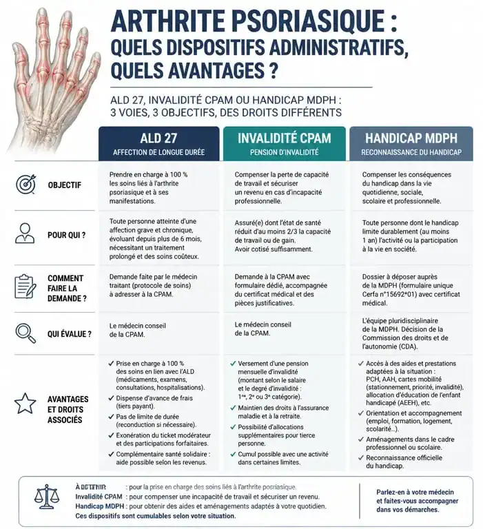 Infographie des dispositifs administratifs pour le rhumatisme psoriasique : ALD, CPAM et MDPH
