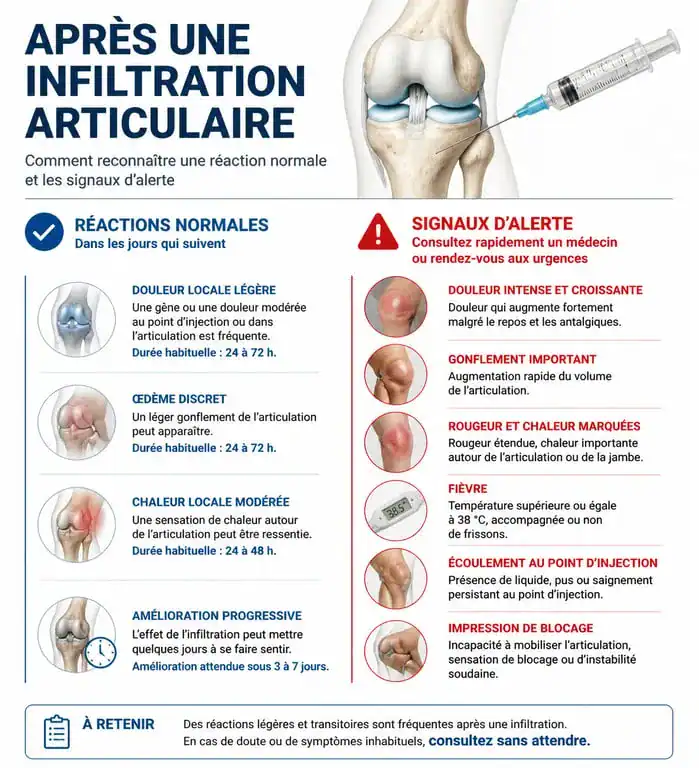 Infographie des signes de réaction normale et d'alerte après une infiltration pour douleur articulaire