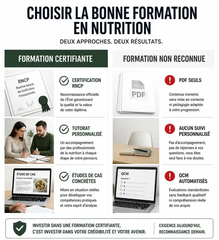 Infographie comparative pour choisir sa formation de coach en nutrition : critères de qualité et points de vigilance