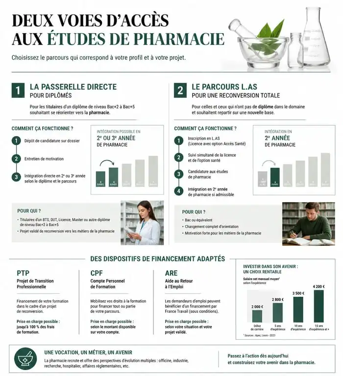 Infographie des voies d'accès et financements pour devenir pharmacien à 40 ans