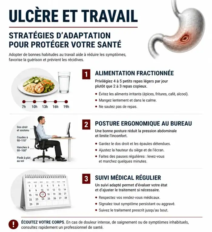 Infographie sur les conseils et aménagements pour travailler avec un ulcère gastro-duodénal