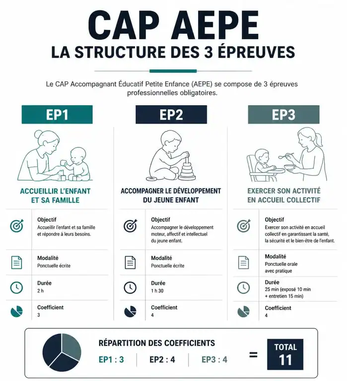 Structure des épreuves du CAP AEPE : EP1, EP2 et EP3