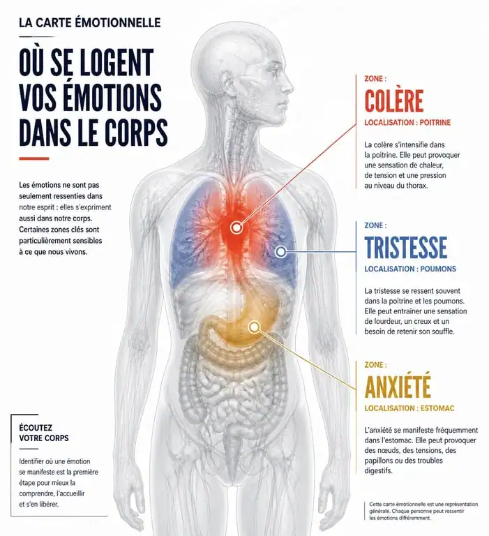 Carte émotionnelle des maux du corps illustrant les zones de somatisation