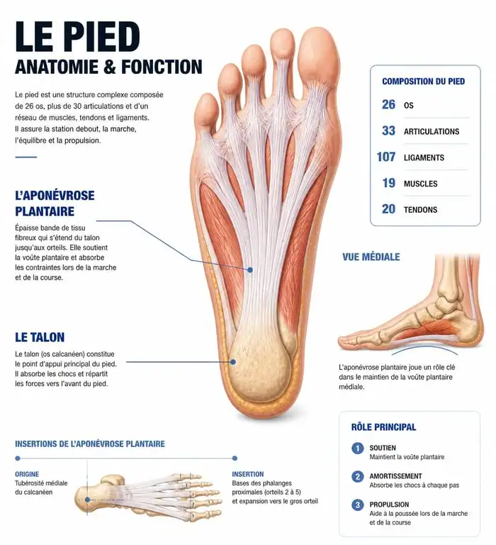 Schéma anatomique du pied illustrant la fasciite plantaire et la zone du talon pour comprendre la douleur au talon