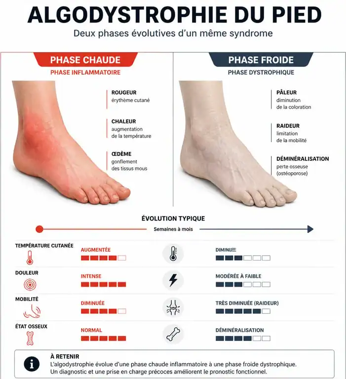 Infographie des phases de l'algodystrophie du pied pour comprendre le traitement et l'évolution