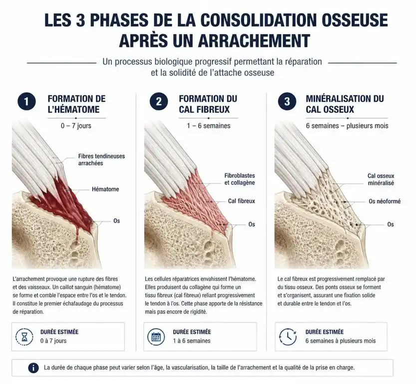 Schéma des phases de guérison d'un arrachement osseux : hématome, cal fibreux et minéralisation osseuse.