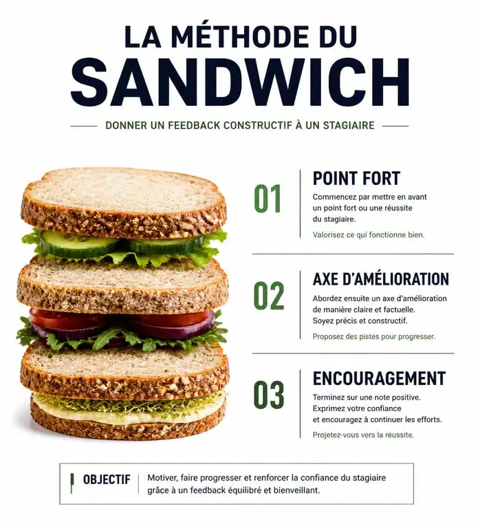 Infographie sur la méthode du sandwich pour une évaluation de stagiaire efficace et constructive
