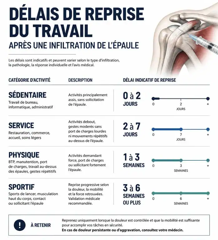 Infographie des délais de reprise du travail après une infiltration de l'épaule selon le type d'activité professionnelle