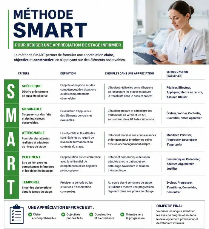 Infographie méthode SMART pour rédaction appréciation stage infirmier
