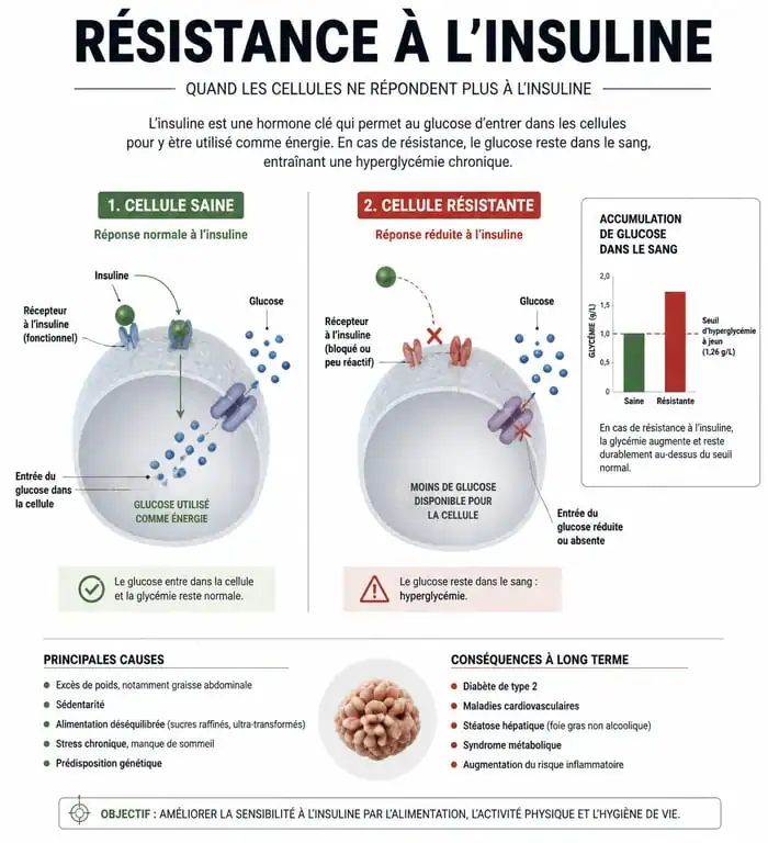 Schéma explicatif du mécanisme de la résistance à l'insuline et de la sensibilité cellulaire