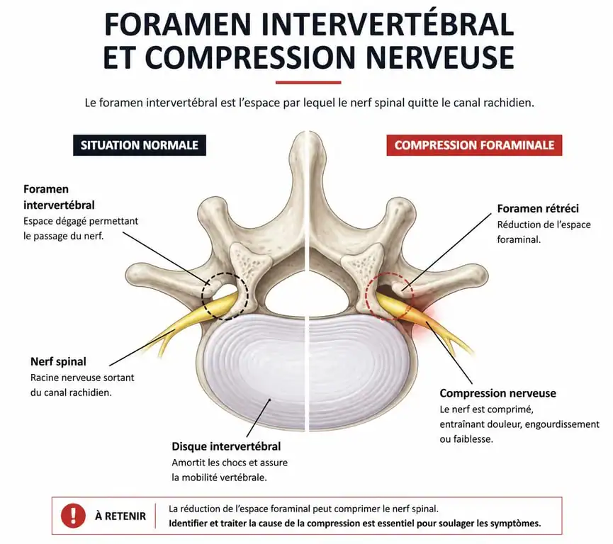 Schéma anatomique de la sténose foraminale et compression nerveuse