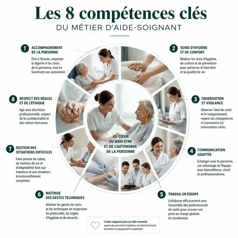 Infographie des 8 compétences de l'aide-soignante pour le diplôme d'État