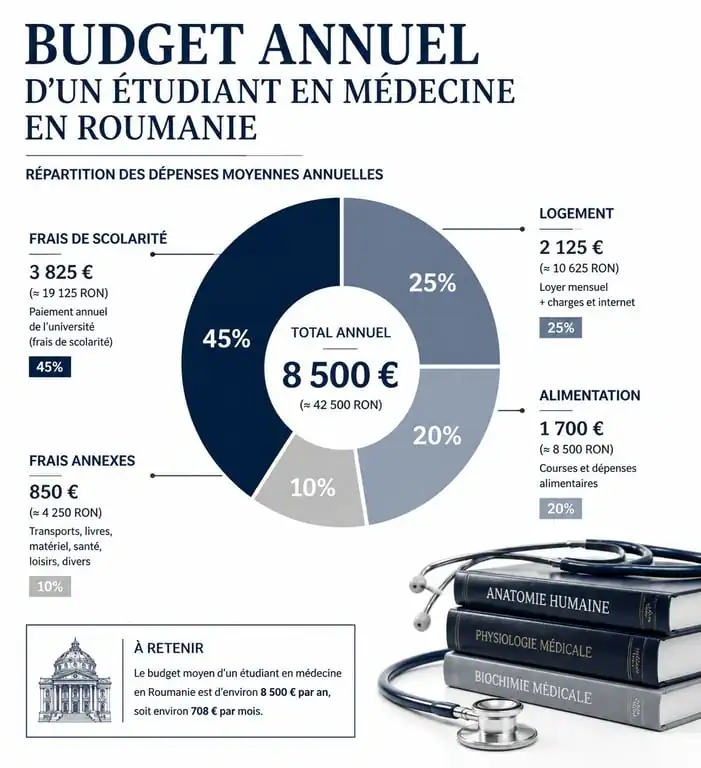 Répartition du budget annuel pour des études de médecine en Roumanie : frais de scolarité et vie étudiante
