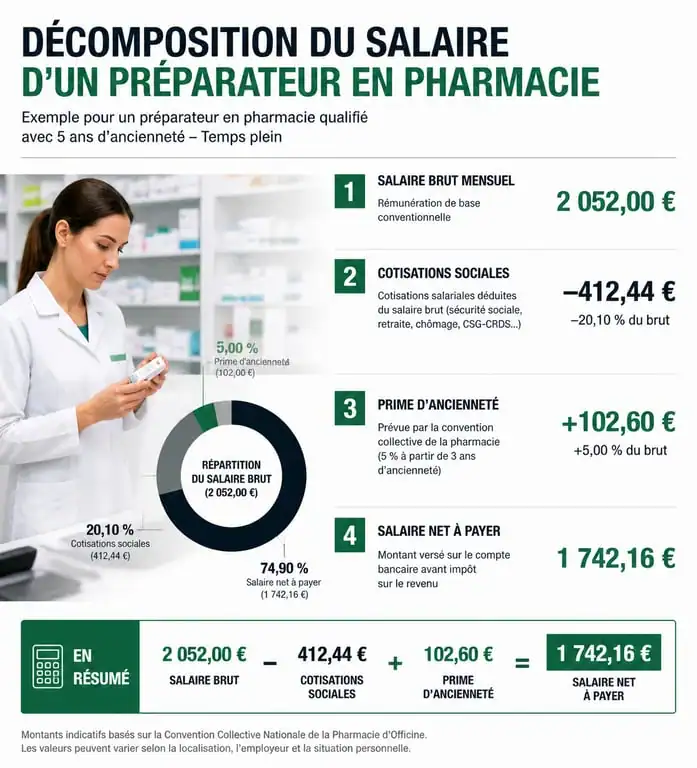 Infographie décomposition salaire préparateur en pharmacie