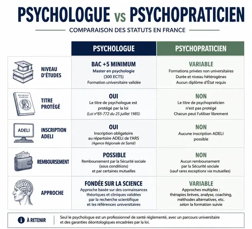 Tableau comparatif entre psychologue et psychopraticien pour comprendre les différences de diplôme et de statut