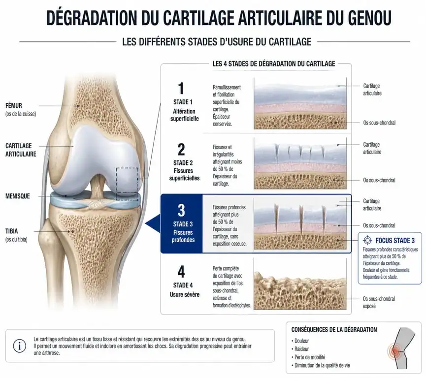 Schéma anatomique du genou montrant la chondropathie stade 3 et l'usure du cartilage