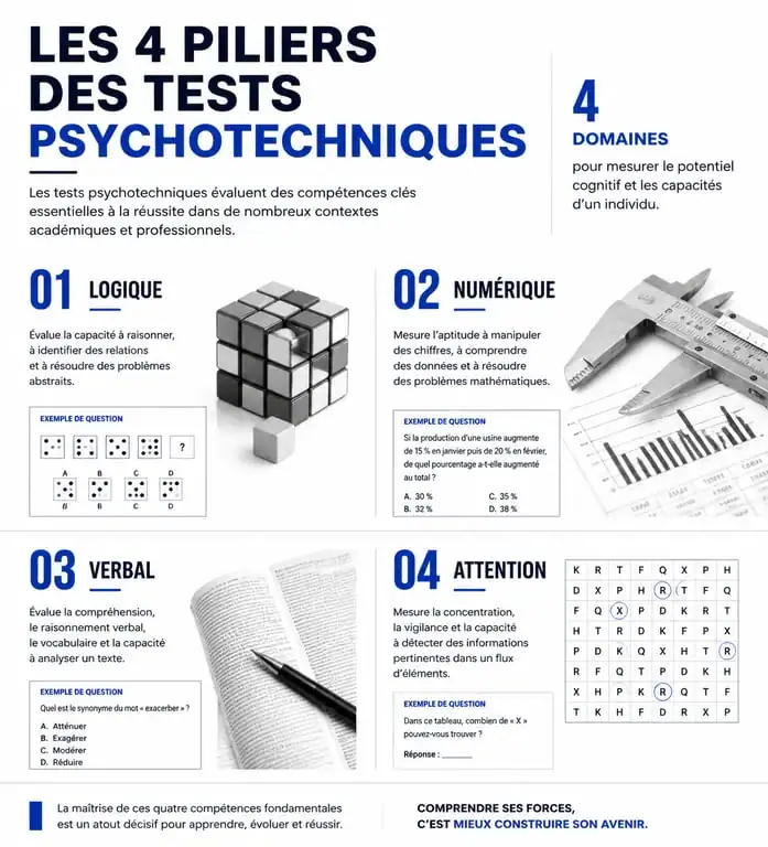 Infographie des 4 piliers des tests psychotechniques pour la préparation aux concours