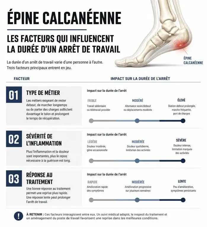 Infographie des facteurs influençant la durée d'un arrêt de travail pour épine calcanéenne