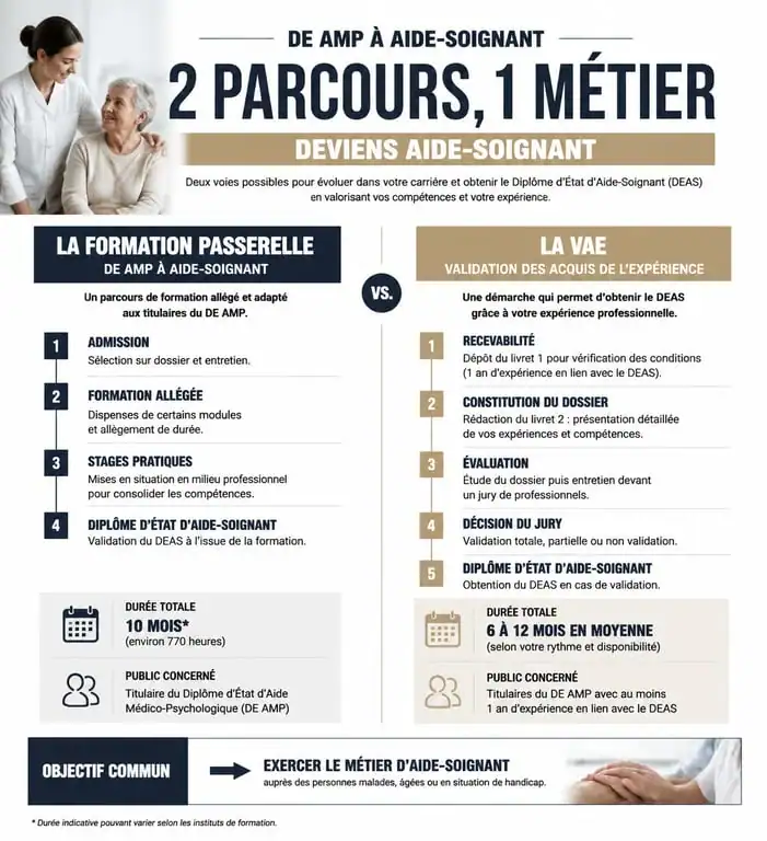 Infographie comparative : passerelle vs VAE pour devenir aide-soignant