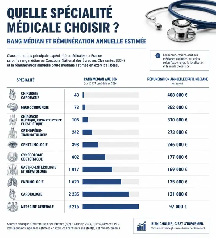 Infographie comparative des spécialités médicales : classement, rangs et revenus pour le choix de spécialité médicale.
