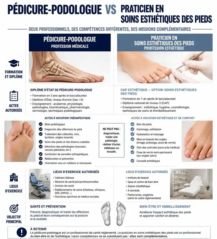Infographie comparative des différences entre pédicure-podologue et praticien en soins esthétiques des pieds