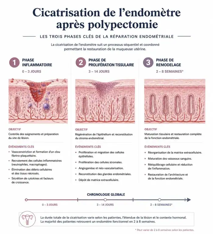 Schéma des étapes de la cicatrisation après ablation d'un polype utérin