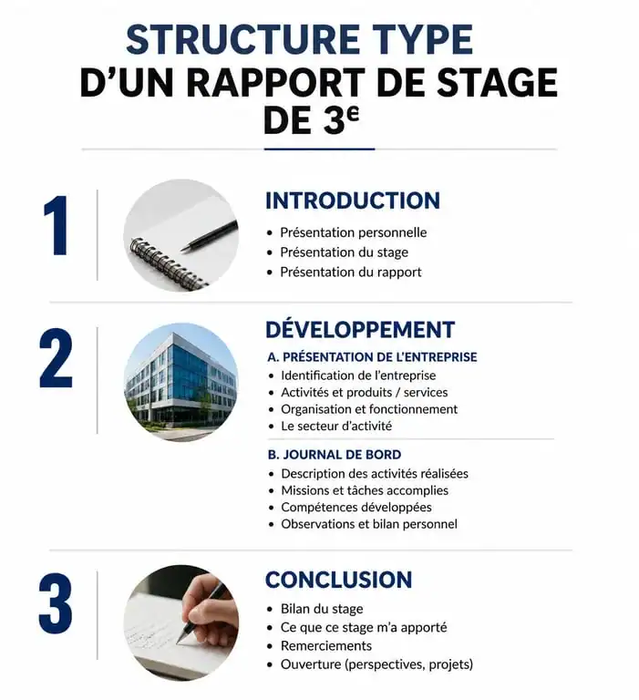 Schéma de la structure d'un rapport de stage de 3ème pour réussir son compte-rendu