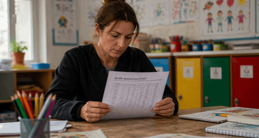 grille indiciaire atsem fiche de paie sur table en classe