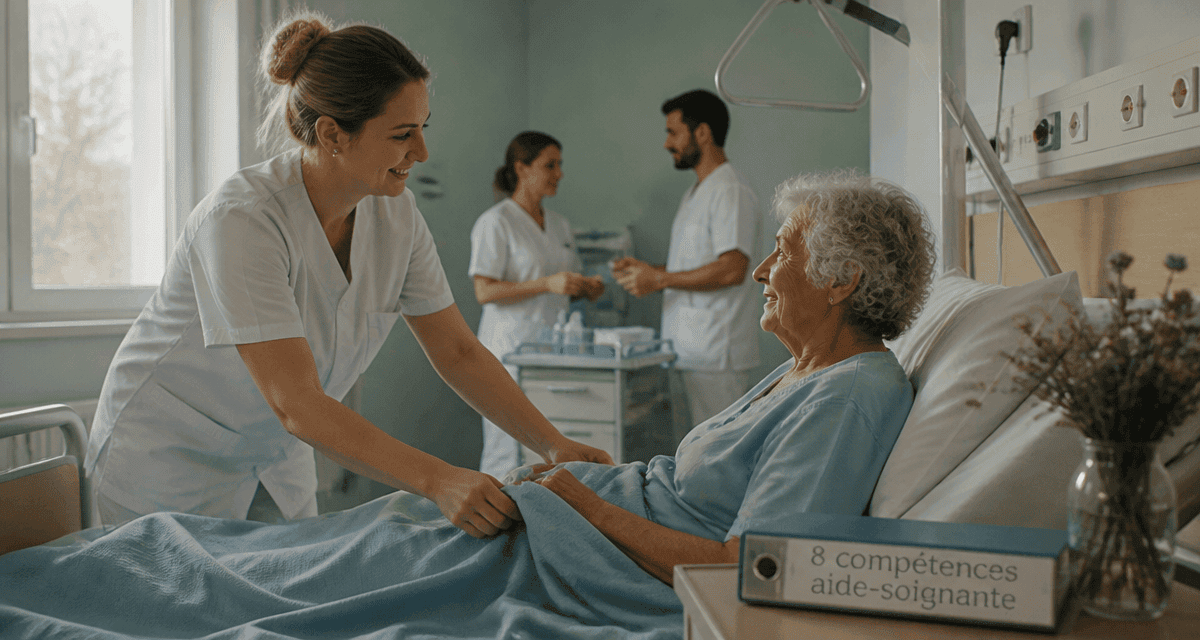 Les 8 compétences de l'aide soignante illustrées en chambre d'hôpital