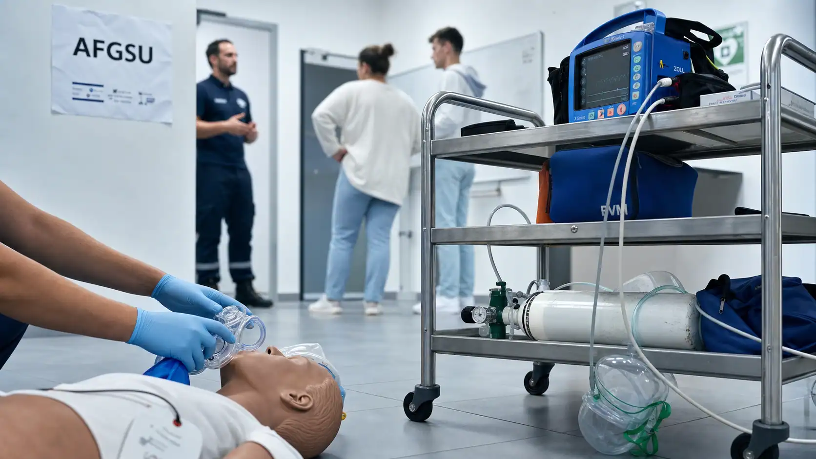 AFGSU signification : chariot d’urgence et défibrillateur en centre de formation