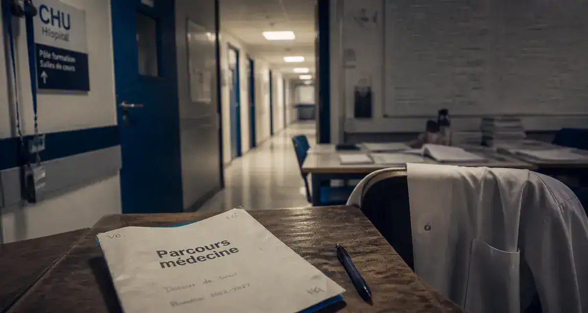 Dossier “Parcours médecine” pour devenir docteur en médecine, couloir de CHU en arrière-plan