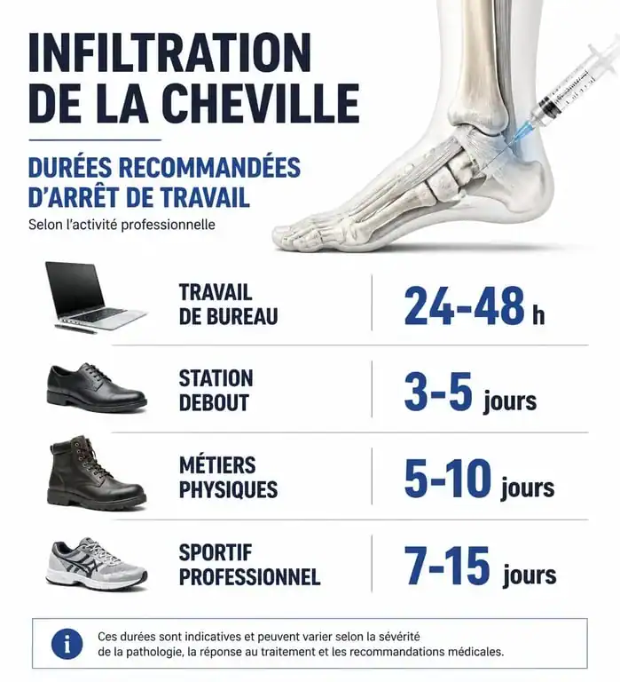 Infographie des durées d'arrêt de travail après une infiltration à la cheville selon le métier