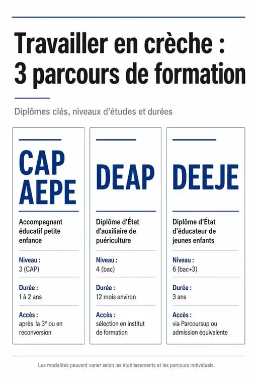 Infographie des formations pour travailler en crèche : CAP AEPE, Auxiliaire de puériculture et Éducateur de jeunes enfants.