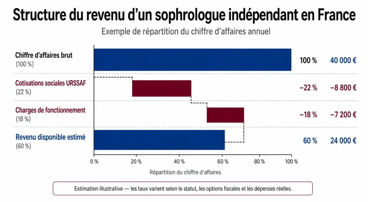 Infographie sur la structure du salaire d'un sophrologue indépendant et la répartition des charges