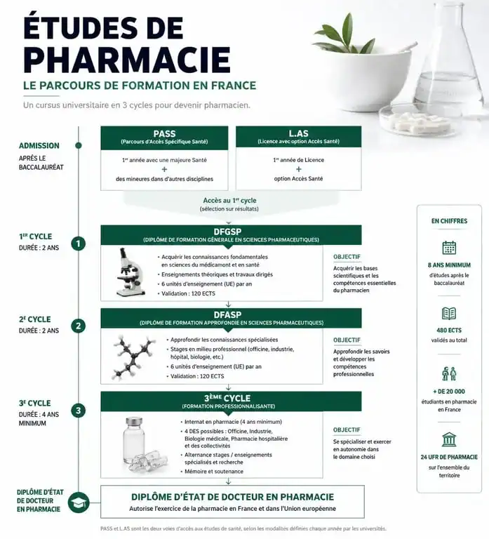 Schéma du parcours d'études pour devenir pharmacien en France : PASS, L.AS et cycles universitaires