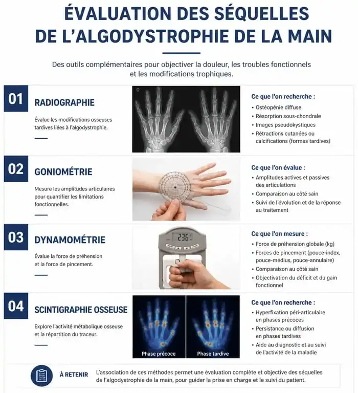 Infographie des méthodes d'évaluation des séquelles de l'algodystrophie de la main