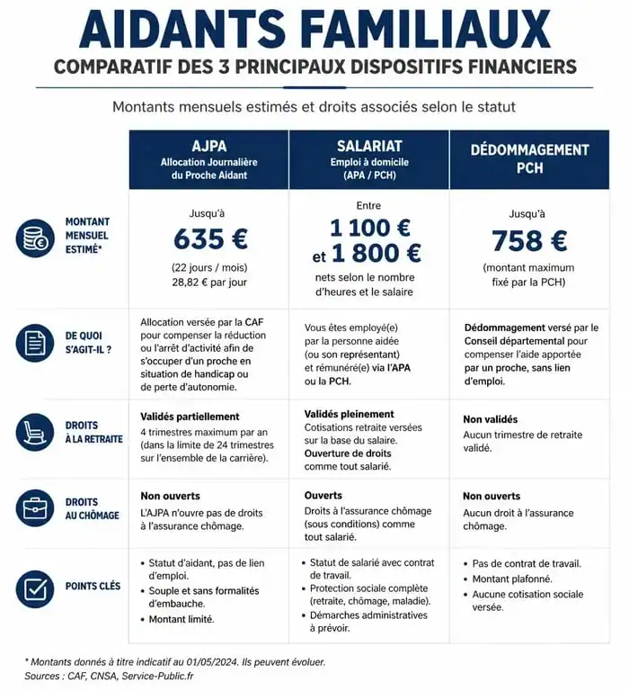 Tableau comparatif des aides financières pour aidant familial : AJPA, salariat et dédommagement PCH.