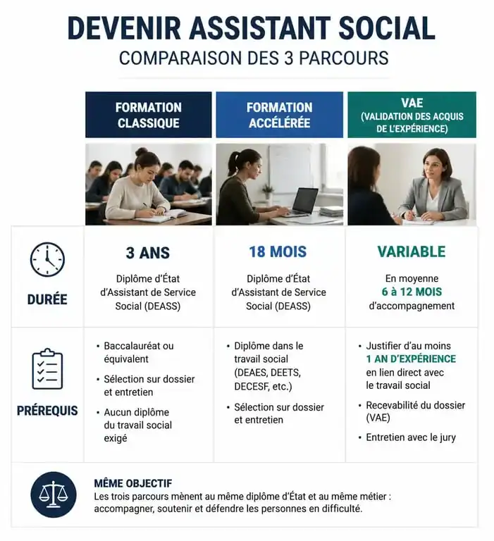 Comparatif des parcours pour devenir assistant social : formation classique, accélérée et VAE